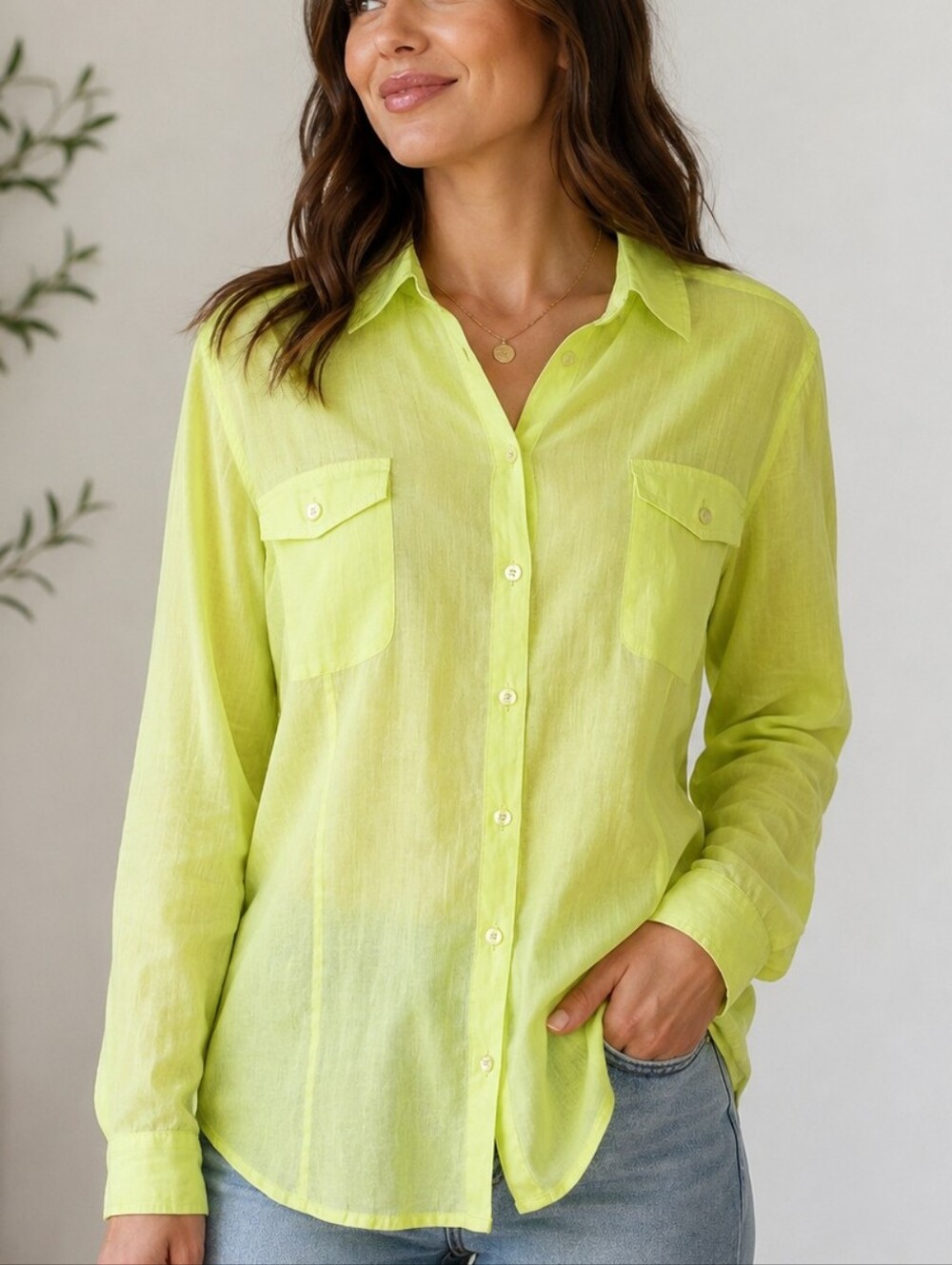Chico's XL Lime Ramie Cotton Sheer Button Front Boho Beach Shirt Top